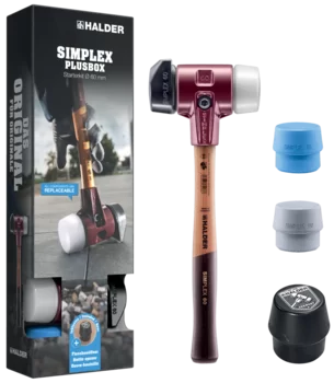    SIM­PLEX-Plus­box Star­ter­kit SIMPLEX-Schonhammer D60, Gummikomposition mit Standfuß / Superplastik sowie je ein TPE-soft und TPE-mid Schlageinsatz plus Flaschenöffner

