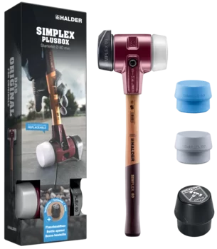     SIM­PLEX-Plus­box Star­ter­kit SIMPLEX-Schonhammer D80, Gummikomposition mit Standfuß / Superplastik sowie je ein TPE-soft und TPE-mid Schlageinsatz plus Flaschenöffner
