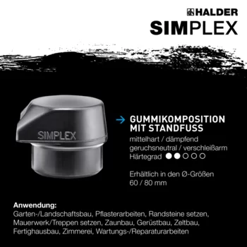                                             SIM­PLEX-Schon­häm­mer Gummikomposition, mit Standfuß / Nylon; mit Tempergussgehäuse und hochwertigem Holzstiel
 IM0014710 Foto ArtGrp Zusatz de
