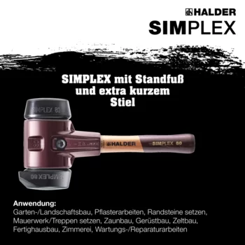                                             SIM­PLEX-Schon­häm­mer Gummikomposition, mit Standfuß; mit Tempergussgehäuse und hochwertigem extra kurzen Holzstiel
 IM0014874 Foto ArtGrp Zusatz de
