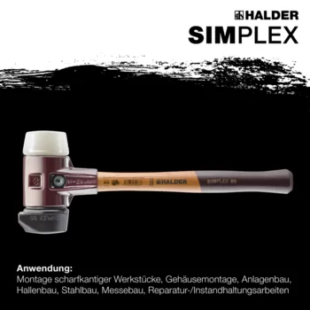                                             SIM­PLEX-Schon­häm­mer Gummikomposition, mit Standfuß / Nylon; mit Tempergussgehäuse und hochwertigem Holzstiel
 IM0014893 Foto ArtGrp Zusatz de
