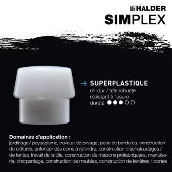                                             Maillets SIM­PLEX Cuivre / superplastique; avec boîtier en fonte malléable renforcée et manche en fibre de verre
 IM0016828 Foto ArtGrp Zusatz fr
