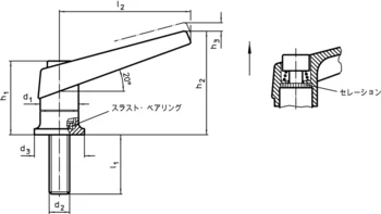                                             位置調整付クランピング・レバー オネジ付、スラストベアリング付、ステンレス鋼製
 IM0001333 Zeichnung jp

